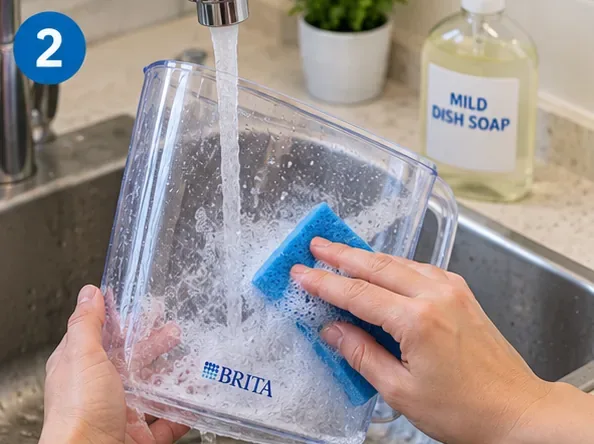 Hands washing a clear water-filter pitcher with a soft blue sponge and mild dish soap at a kitchen sink