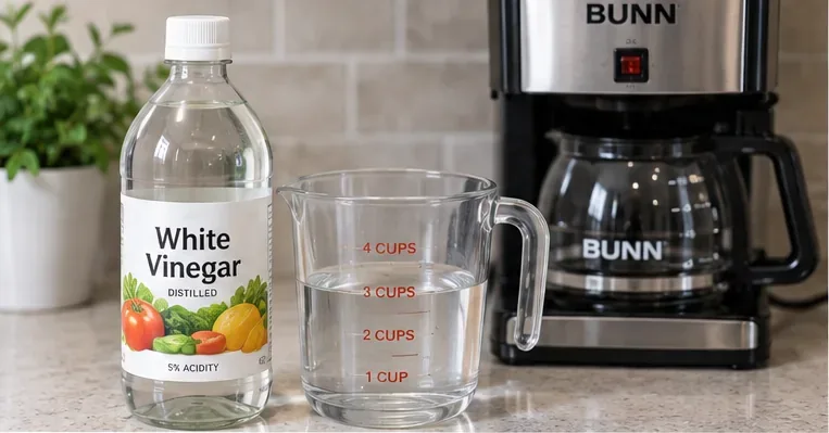A bottle of distilled white vinegar and a clear measuring pitcher placed beside a black-and-stainless BUNN-style drip coffee maker