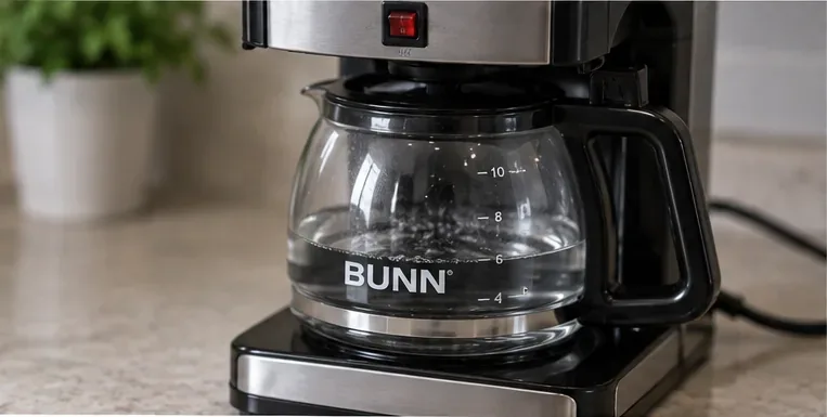 A BUNN-style coffee maker running a clear fresh-water rinse into a glass carafe after a vinegar cleaning cycle