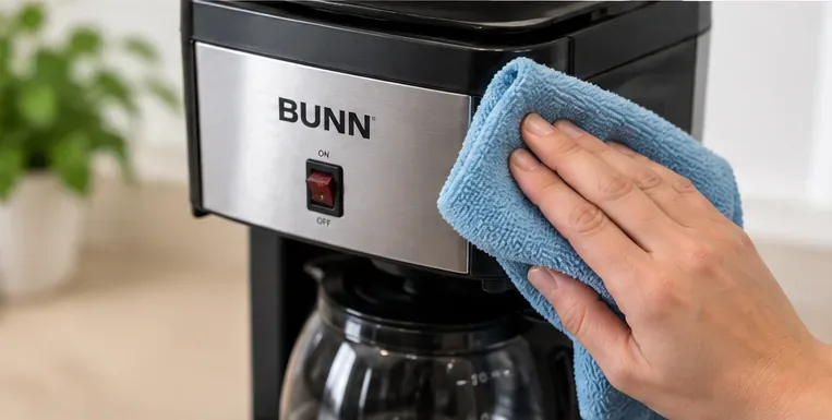 A hand wiping the stainless front of a BUNN-style coffee maker with a clean blue microfiber cloth