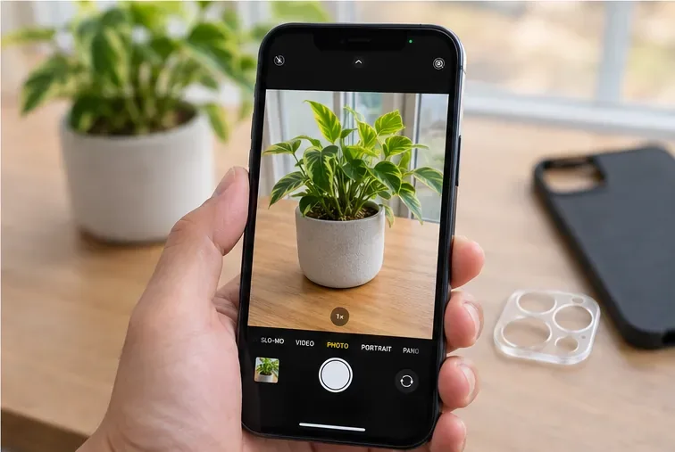A smartphone camera aimed at a well-lit potted plant to check focus and image clarity after cleaning, with a case and lens protector nearby.