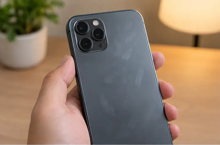 A dark smartphone held under soft indoor light so fingerprints and smudges around the rear camera lenses are easy to inspect.