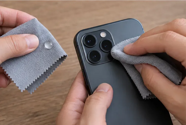 A microfiber cloth with a small drop of moisture beside a smartphone while another clean section of cloth wipes the camera lenses.