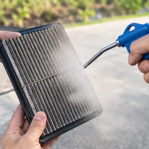 A blue compressed-air nozzle blowing dust from the pleated surface of an engine air filter outdoors