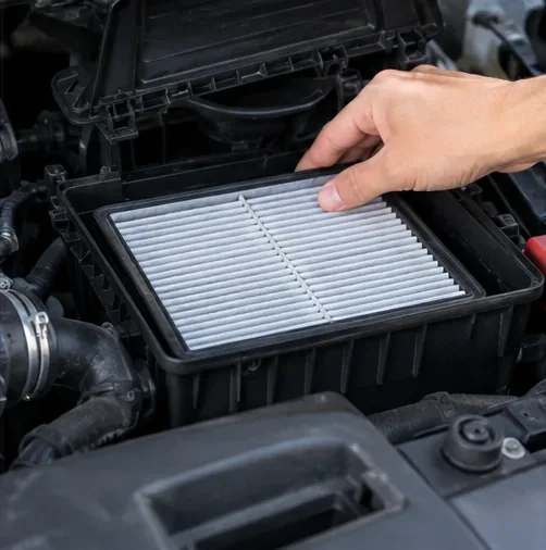 A clean rectangular engine air filter being lowered flat into the lower half of a black plastic airbox