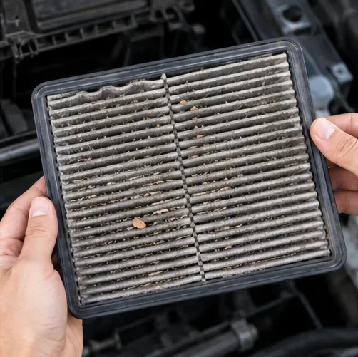 A heavily dusted pleated engine air filter being held above an open airbox