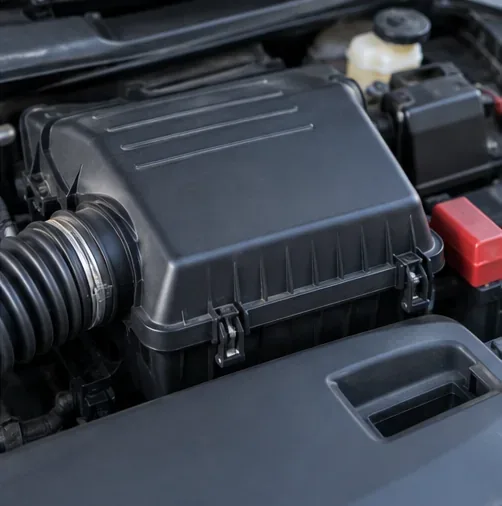 A fully closed black engine airbox with its retaining clips secured in the engine bay