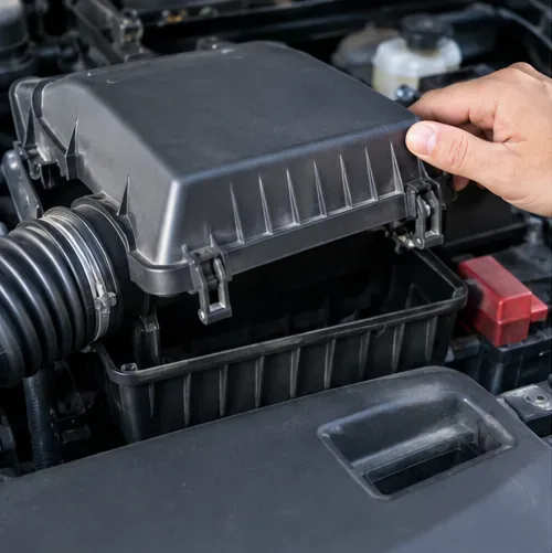 A hand lifting the black plastic engine airbox lid after releasing its metal retaining clips
