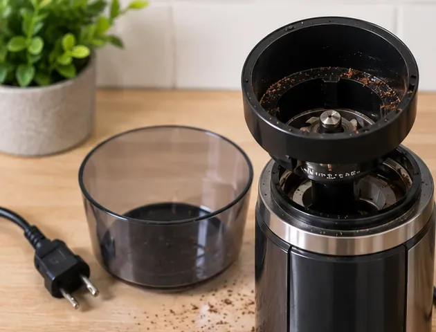 An unplugged electric burr coffee grinder with its hopper and grounds container removed on a kitchen counter