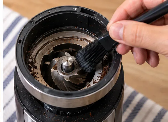A hand using a soft black brush to remove coffee grounds from the exposed burr chamber of an unplugged grinder