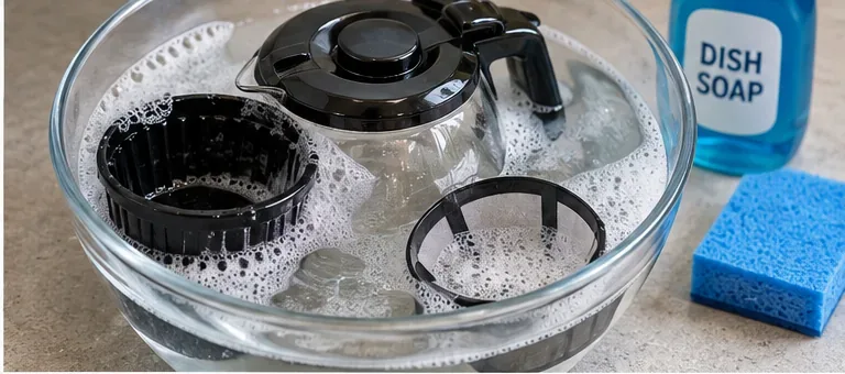 A glass coffee carafe, brew basket, and reusable filter sitting in warm, sudsy water beside a soft sponge and dish soap