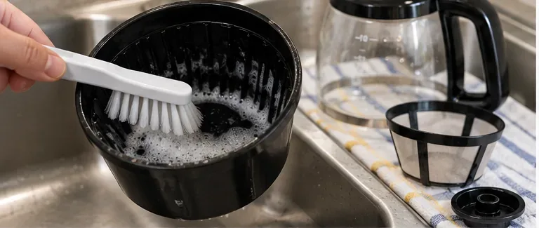 A hand using a soft white brush to clean the inside of a black coffee maker brew basket over a kitchen sink