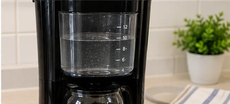 A drip coffee maker with a clear water reservoir filled with fresh water above the glass carafe for a rinse cycle