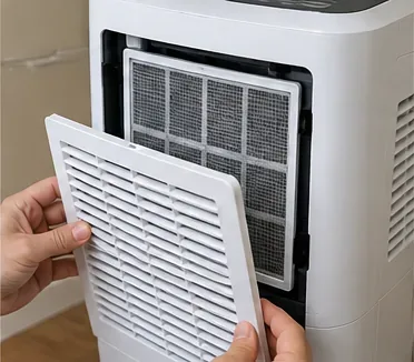 Hands removing the rear grille to access a rectangular mesh dehumidifier filter