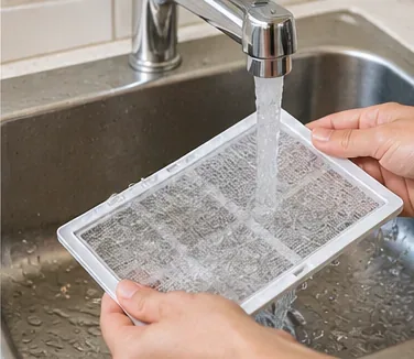 A washable mesh dehumidifier filter being rinsed under running water in a sink