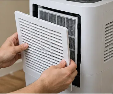 Hands reinstalling the dry mesh filter and rear grille on a dehumidifier
