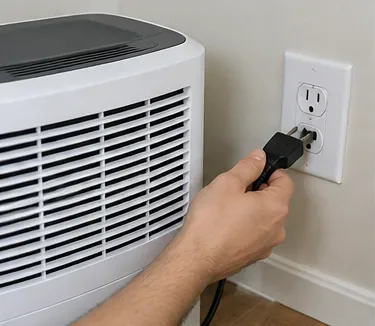 A person unplugging a white dehumidifier from a wall outlet before filter maintenance
