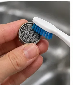 A soft toothbrush gently brushes mineral residue from a small metal faucet aerator screen.