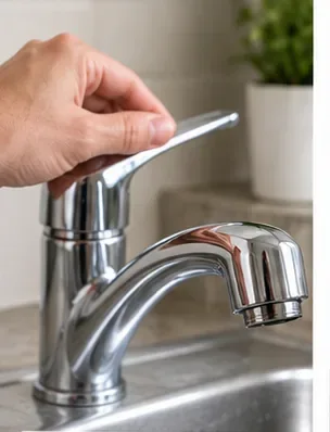 A hand closes the chrome faucet handle before aerator maintenance.