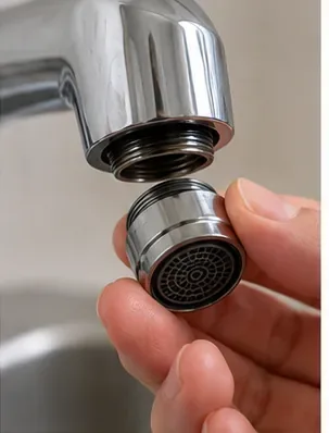 A hand unscrews a chrome threaded faucet aerator from the end of the spout.