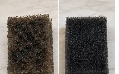 A side-by-side view shows a debris-loaded filter sponge next to a visibly cleaner sponge.