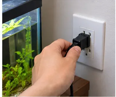 A hand reconnects the aquarium filter power plug after the filter has been reassembled.