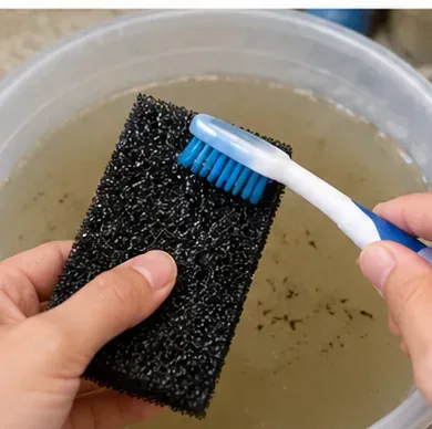 A soft toothbrush lightly loosens stubborn debris from a sturdy black filter sponge over aquarium water.