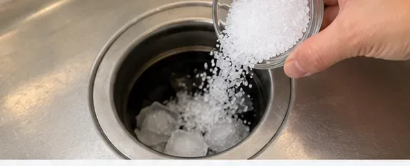 Coarse salt being poured over ice cubes in a garbage disposal as an optional cleaning variation.