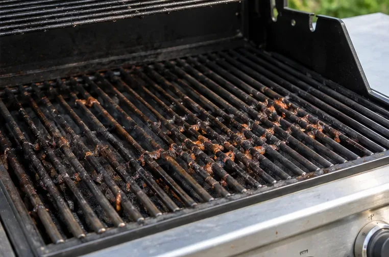 An open outdoor gas grill with hot dark grates covered in baked-on food residue before cleaning