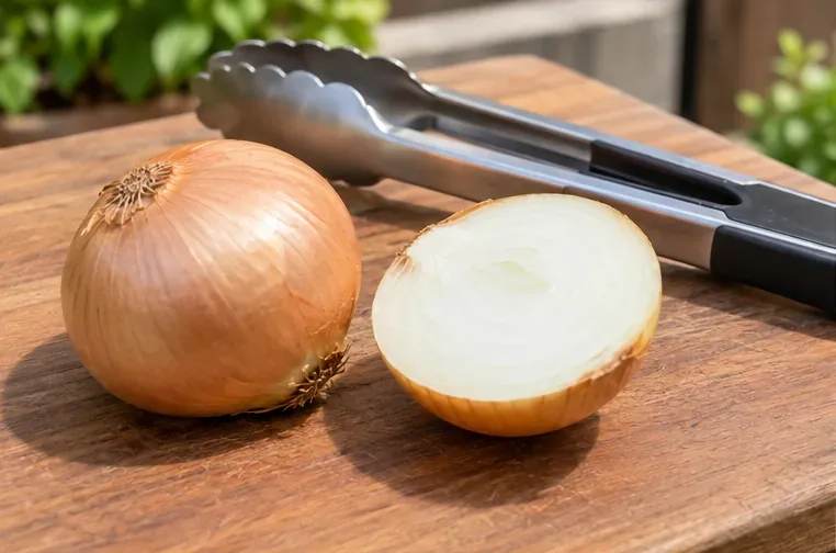 A whole yellow onion, a freshly cut onion half, and long metal tongs arranged on a wooden cutting board before grill cleaning
