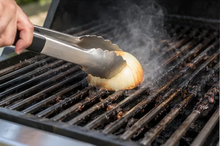 Long metal tongs pressing the cut side of an onion against hot grill grates while steam rises from the contact area