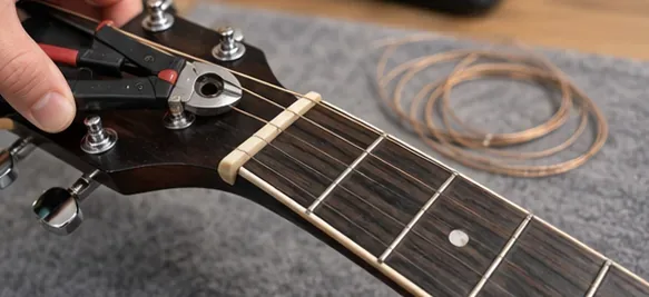 Hands removing old guitar strings from the tuning posts before cleaning a dark wood fretboard