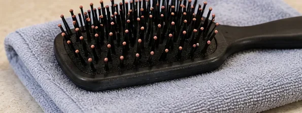 A clean black paddle hairbrush resting on a folded towel to air-dry