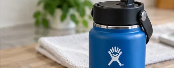 A clean blue insulated bottle with an assembled black straw cap on a kitchen counter