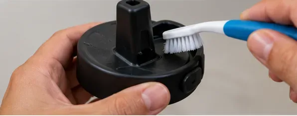 A soft detail brush cleaning the drinking spout and recessed areas of a black straw lid