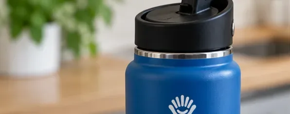 A cleaned black straw cap reattached to a blue insulated bottle