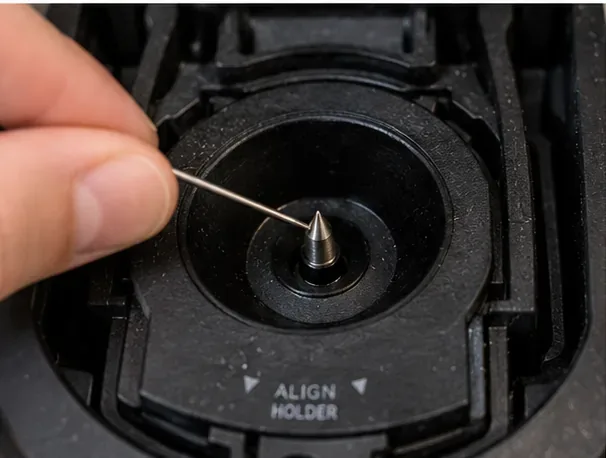 Close-up of a straightened paper clip approaching the lower exit-needle area in the pod-holder section of a single-serve coffee brewer