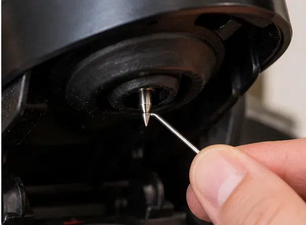 Close-up of a straightened paper clip positioned at the upper entrance needle under an open single-serve coffee brewer lid
