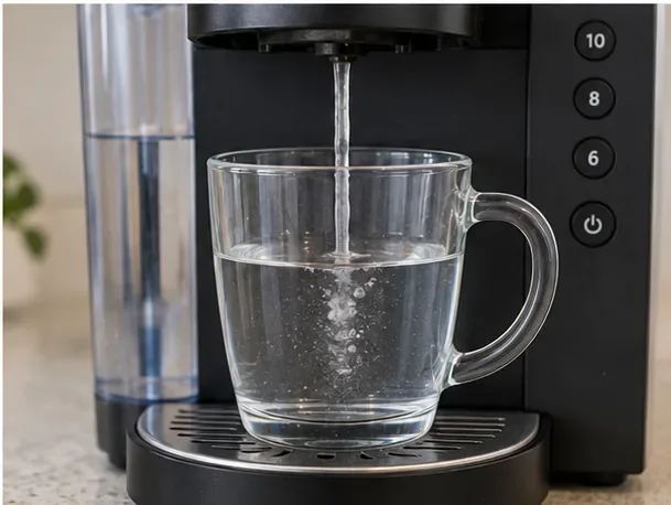 Clear water flowing from a single-serve coffee brewer into a glass mug during a pod-free cleansing brew