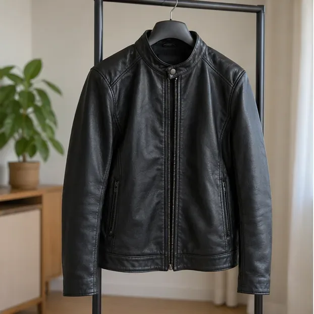 A black leather jacket hanging indoors on a broad hanger to air-dry