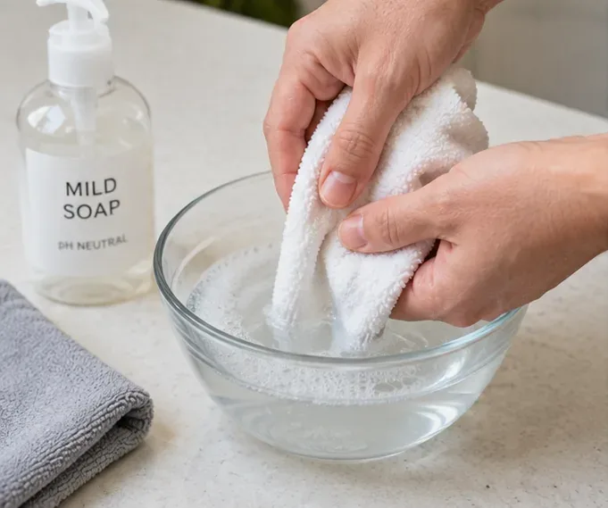Hands wringing a soft cloth over a bowl of water beside a bottle labeled mild pH-neutral soap
