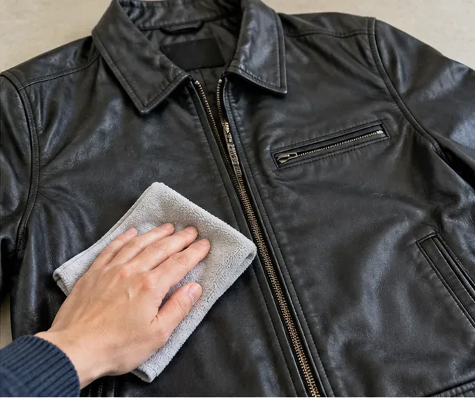 A soft microfiber cloth removing dust from the front of a black leather jacket