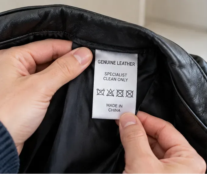 Hands holding the care label inside a black leather jacket before cleaning