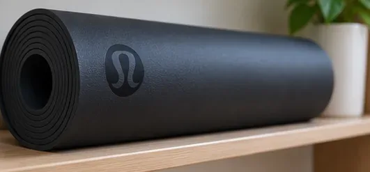 A completely dry dark yoga mat is rolled and stored horizontally on an indoor shelf.