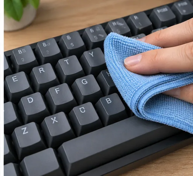 A blue microfiber cloth wiping the top rows of a black mechanical keyboard on a wooden desk.