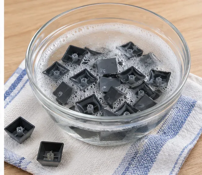 Black mechanical keycaps soaking in a clear glass bowl filled with warm soapy water on a striped towel.
