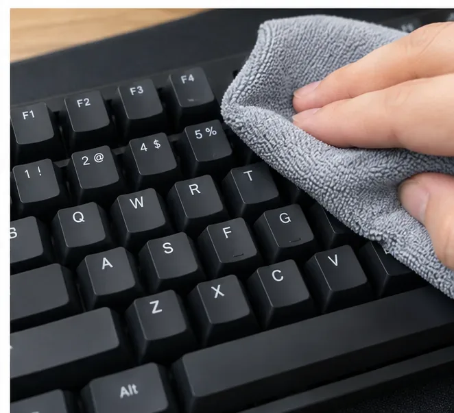 A hand wiping black mechanical keyboard keycaps with a gray microfiber cloth after the keys have been reinstalled.