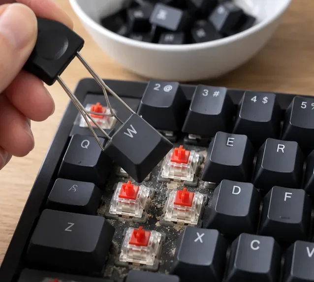 A wire keycap puller lifting a black W keycap straight up from a mechanical keyboard with red switch stems exposed underneath.