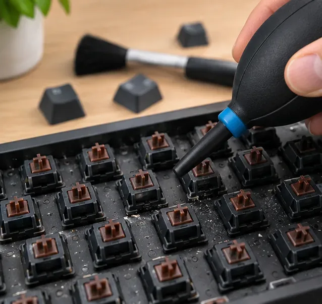 A hand-operated rubber air blower aimed at dust between brown mechanical switches on an exposed keyboard plate.