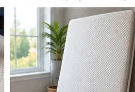 A memory foam mattress topper standing upright in a bright ventilated room near a window